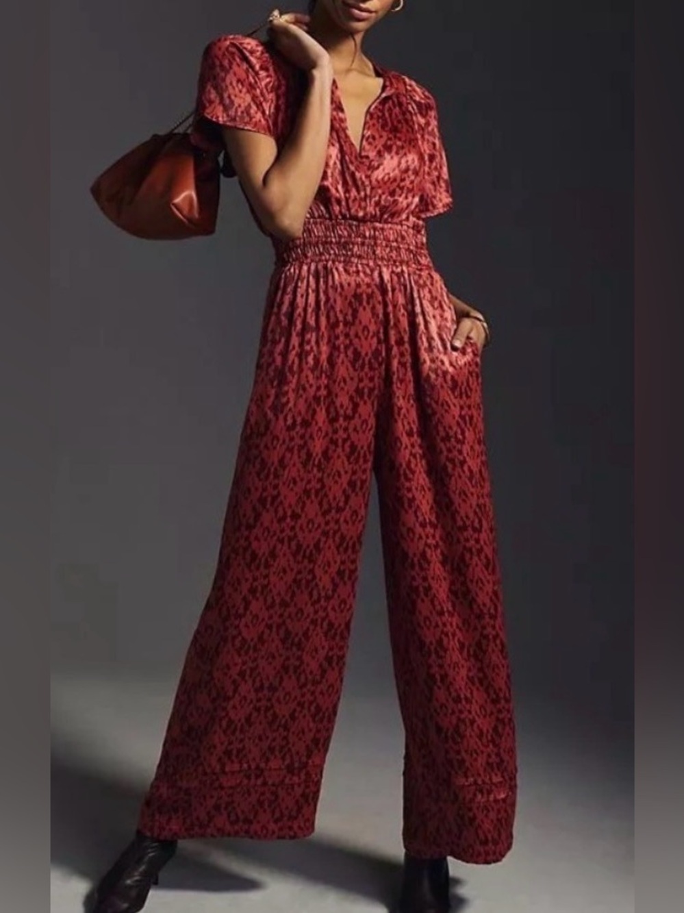 Anthropologie somerset jumpsuit satin feel smock waist rust fall size Small